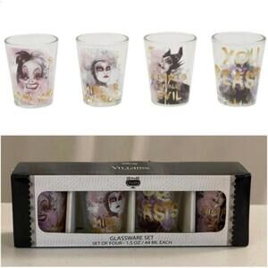 New - Disney Villains Shot Glass Set - Maleficent, Evil Queen, Ursula, Cruella